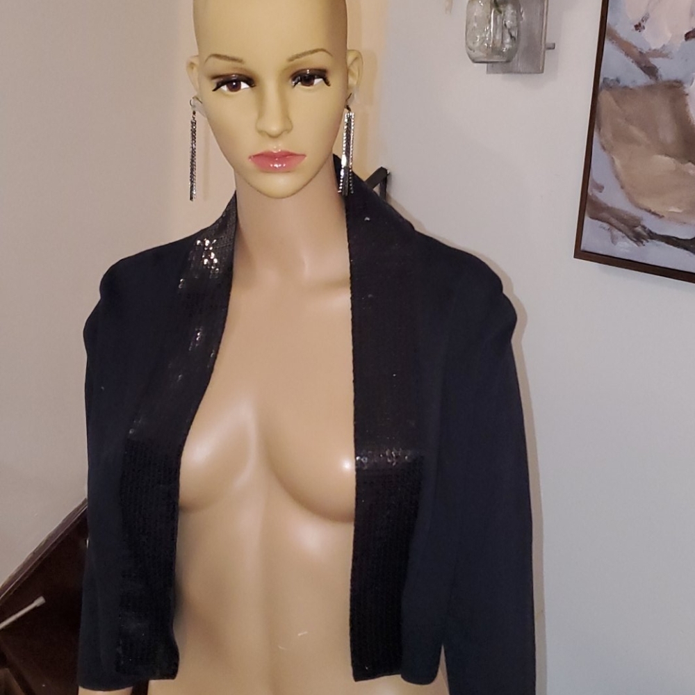Calvin Klein Size S Black Sequin Open Front Bolero